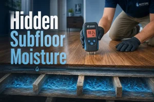 Cross-section showing hidden deep moisture beneath a dry surface during water damage restoration